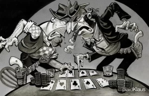Two apparently poker players getting ready to have a gun draw over a poker hand. Emotions apparently determining their actions.
