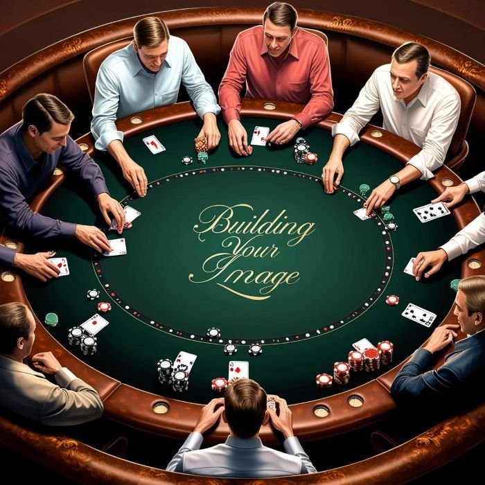 An image of several poker players at a table, it has the words inscribed on the table "building your image", in reference to your poker image.