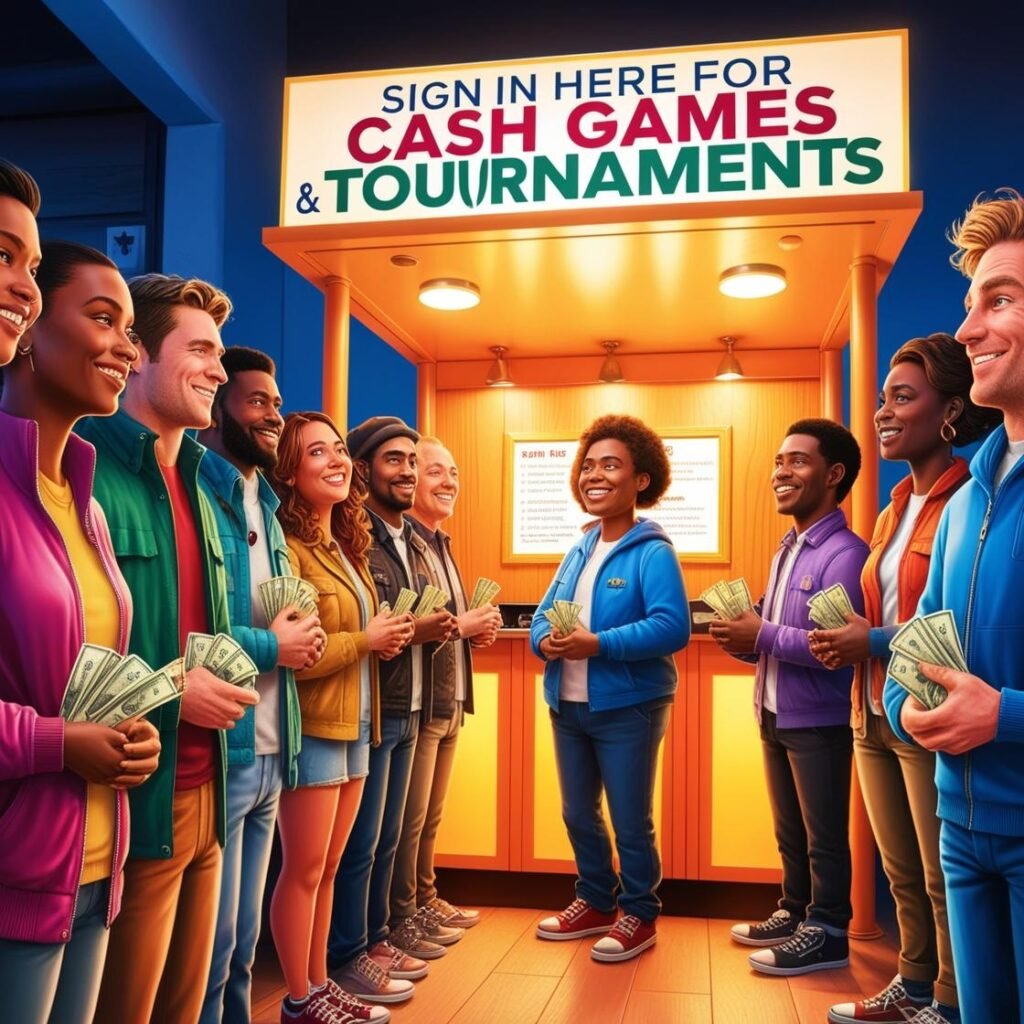 Image showing a line of people waiting to get seats in poker cash games & tournaments.