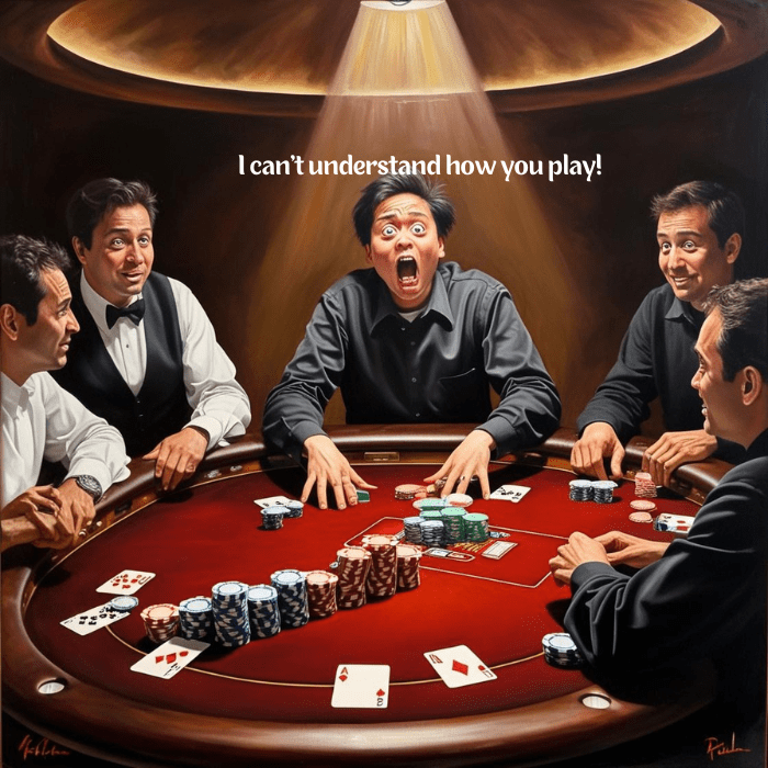 Image of a poker player at a table more interested in the social aspects of poker, vs the actual game.