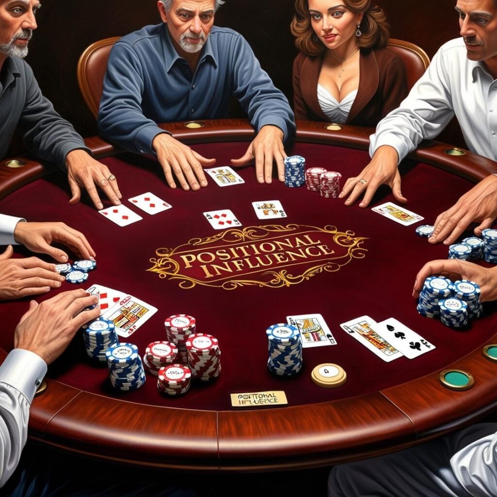 Image of a poker table, with players and chips, with the words "Positional Influence" referring to the player with the Dealer Button and how much better it is to play from a late position.
