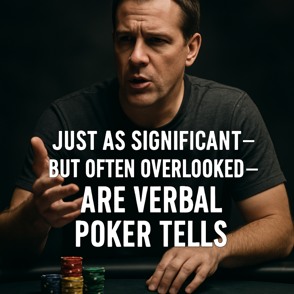 A dramatic poker scene featuring a middle-aged Caucasian man seated at a table, captured mid-sentence with his right hand raised slightly in a subtle gesture. He wears a charcoal gray T-shirt and has a focused, intense expression. The table in front of him holds colorful poker chips and playing cards, partially lit by moody, low-key lighting that casts soft shadows across the scene. The background is blurred, drawing attention to the player's voice and expression. Overlaid in bold white text: “JUST AS SIGNIFICANT—BUT OFTEN OVERLOOKED—ARE VERBAL POKER TELLS.”