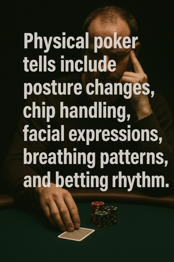 A close-up, dimly lit image of a focused poker player seated at a table, mid-hand. The player’s posture is slightly tense, one hand holding chips while the other rests near their face. Their facial expression is serious, with visible concentration. The lighting casts subtle shadows, emphasizing breathing patterns and the intensity of the moment. Bold white text overlays the image: “PHYSICAL POKER TELLS INCLUDE POSTURE CHANGES, CHIP HANDLING, FACIAL EXPRESSIONS, BREATHING PATTERNS, AND BETTING RHYTHM.” The background is blurred, keeping attention on the player's subtle behaviors.