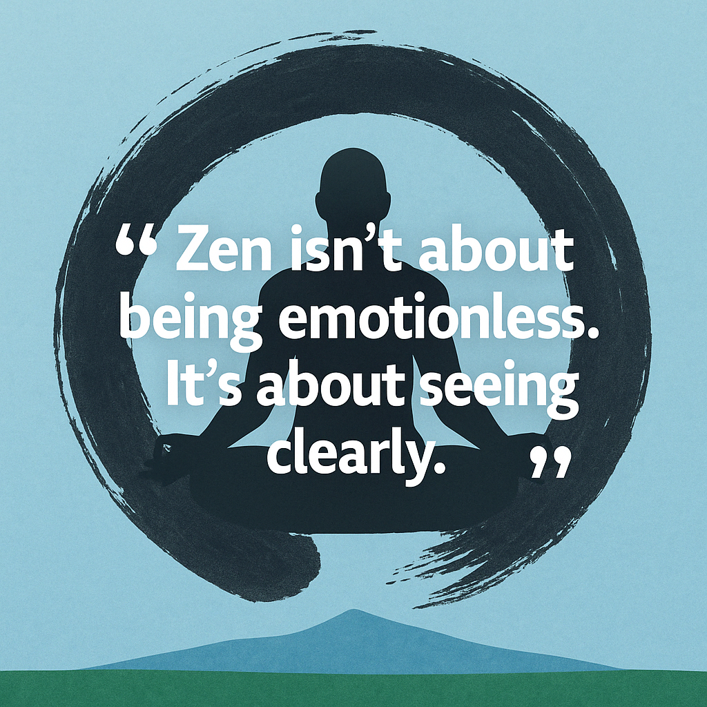 A digital illustration with a light blue background featuring a silhouette of a person meditating inside a black Zen enso circle. Centered over the image is a white, bold quote that reads: “Zen isn’t about being emotionless. It’s about seeing clearly.” Green hills and a soft mountain shape rest at the bottom of the composition, enhancing the calm and reflective tone.