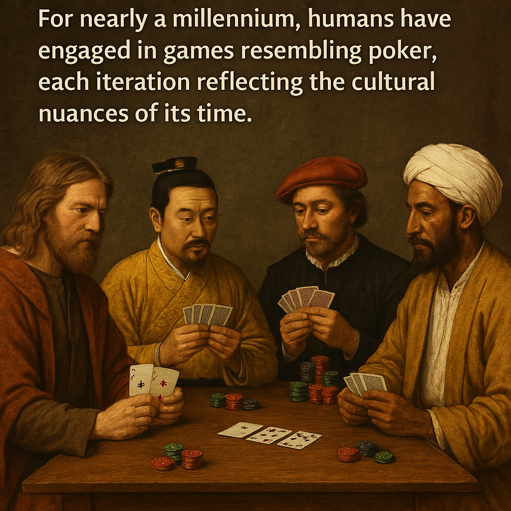 A digital composite image showing the historical evolution of poker across cultures and centuries. It features ancient Chinese, Persian, and European card games transitioning into modern poker, symbolizing how the game has reflected cultural nuances over nearly a millennium.