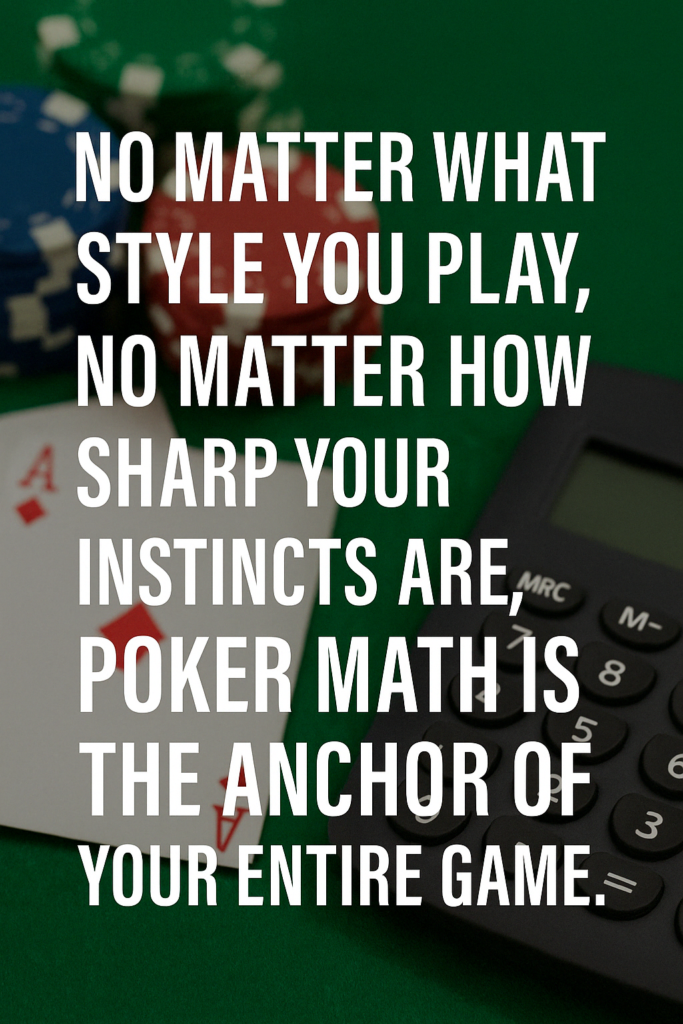 A bold quote overlays a green poker table with red and blue poker chips, two playing cards showing red aces, and a black calculator. The text reads: "No matter what style you play, no matter how sharp your instincts are, poker math is the anchor of your entire game."