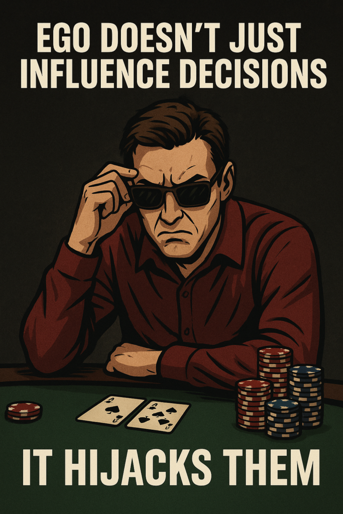 Angry poker player with clenched jaw holding cards at a green felt table, highlighting the quote 'Ego doesn’t just influence decisions—hijacks them,' illustrating the impact of ego tilt in live poker games.
