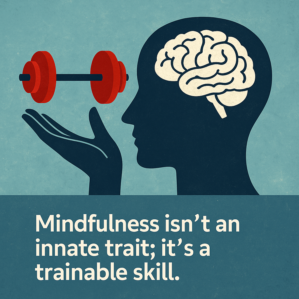 Digital illustration showing a silhouette of a person meditating with gears and brain imagery inside the head, symbolizing the concept that mindfulness isn’t an innate trait but a trainable skill. The visual emphasizes mental development, focus, and cognitive training