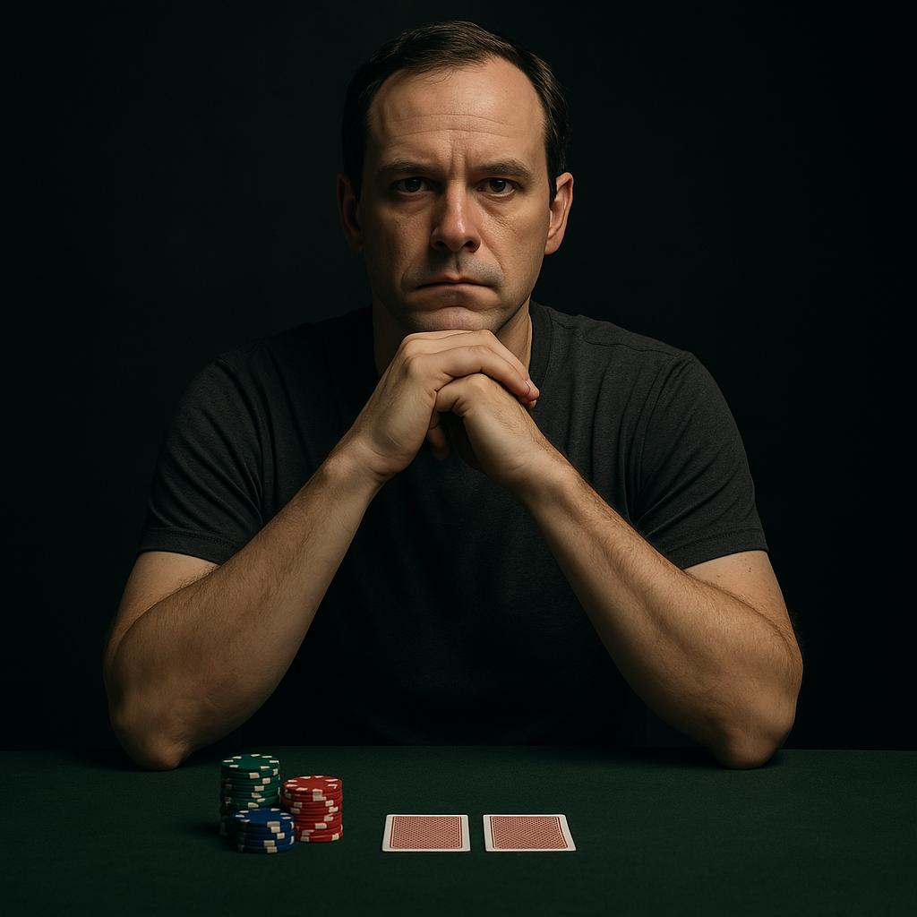A middle-aged man with light skin sits motionless at a poker table, wearing a dark gray t-shirt. His expression is calm and unreadable, showing no emotion or tells. He maintains perfect posture with his hands resting near neatly stacked poker chips and two face-down cards. The lighting is soft and focused, casting subtle shadows on his face while the background fades into darkness, emphasizing his stillness and controlled presence at the table.