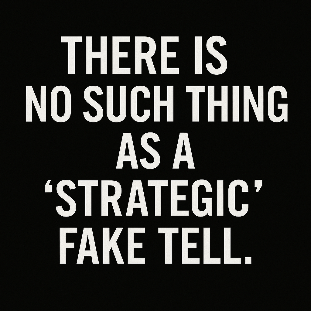A bold, minimalist image featuring all-caps white text centered on a solid black background. The text reads: “THERE IS NO SUCH THING AS A ‘STRATEGIC’ FAKE TELL.” The font is thick and sans-serif, arranged across five clean lines for visual impact. There are no additional graphics or distractions, creating a stark and authoritative tone that emphasizes the message's clarity and seriousness in a poker context.