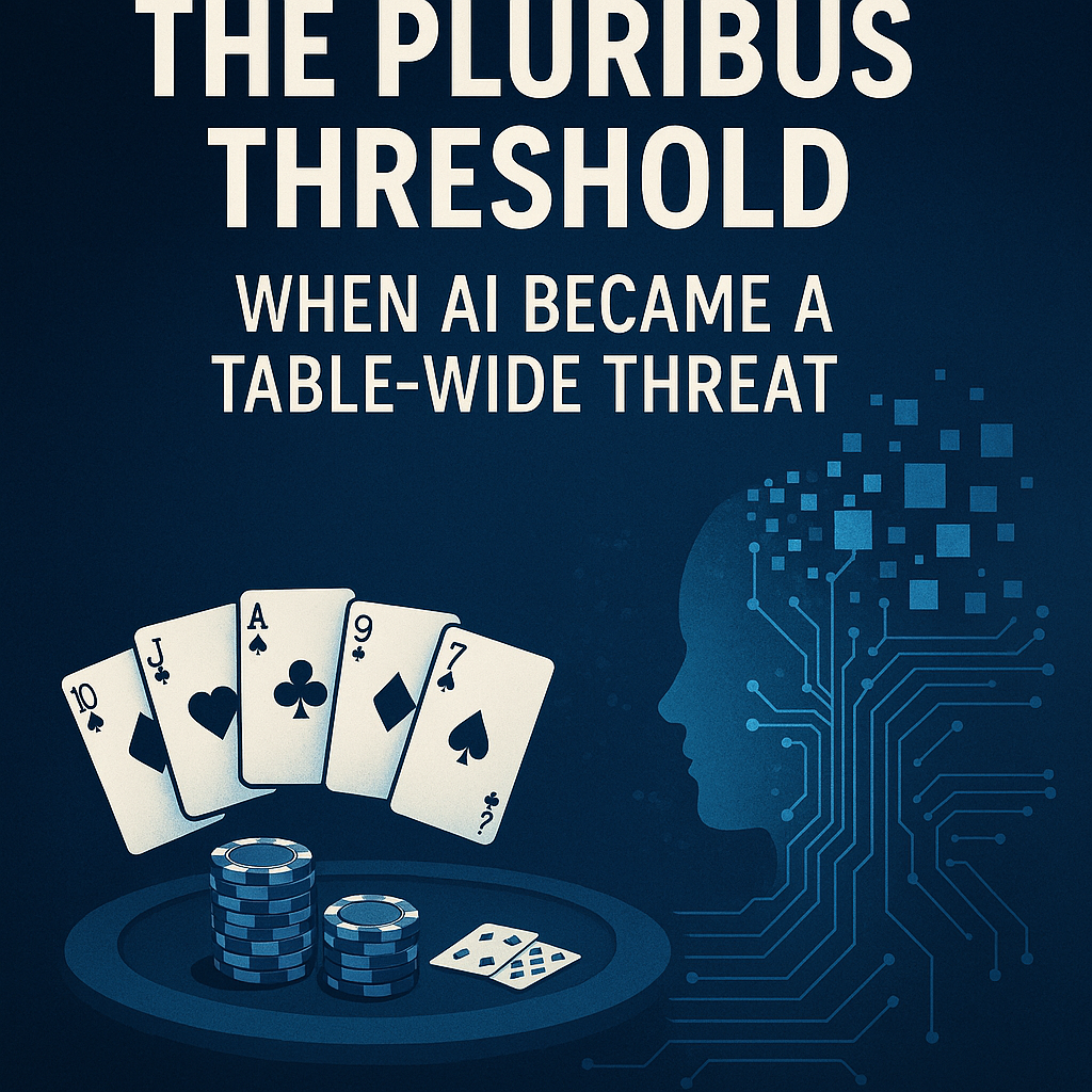 A dramatic digital illustration titled “The Pluribus Threshold” depicting a poker table surrounded by human players, with a glowing AI presence looming over them. The AI figure is abstract and network-like, symbolizing artificial intelligence becoming a dominant force at the table. The scene represents the moment when AI, through Pluribus, became a table-wide strategic threat in multi-player poker.