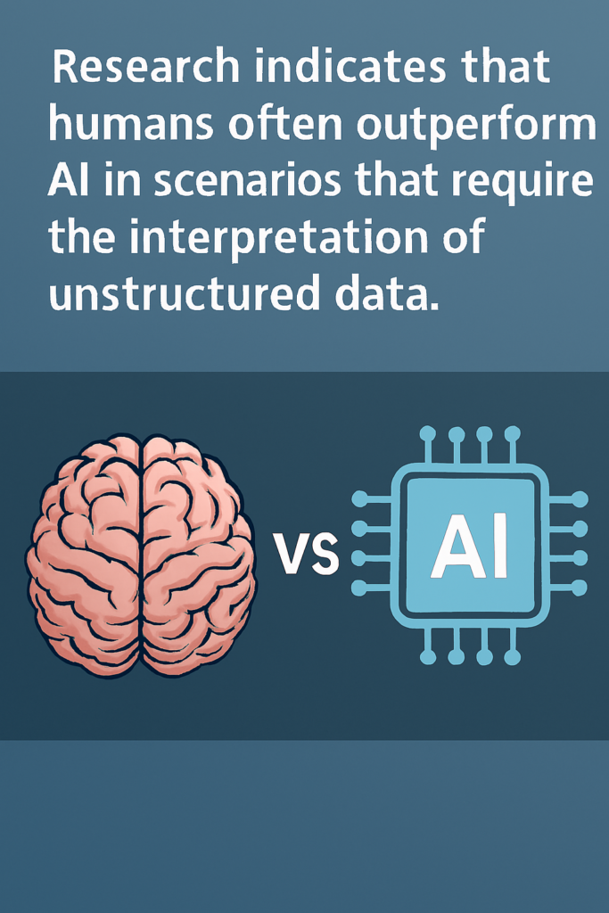 A digital composite image showing a human brain and an AI circuit board side by side, with abstract data streams flowing between them. The human figure is interpreting chaotic, unstructured visual patterns, while the AI processes structured code. The image symbolizes how humans often outperform AI in interpreting unstructured data.