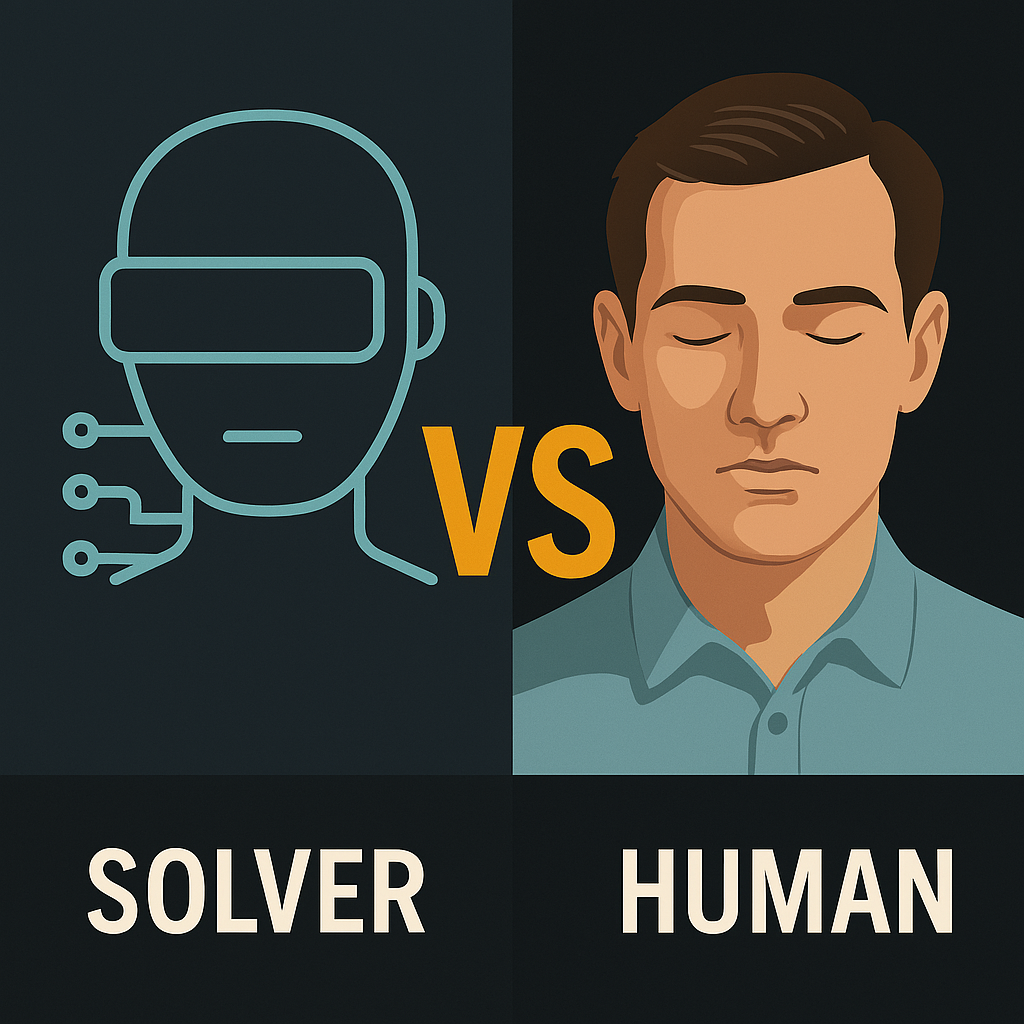 A split-image digital illustration showing a human face on one side, expressing emotion and intuition, and a robotic AI interface on the other, displaying data analysis and logic. The contrast highlights the human capacity for empathy and emotional nuance versus AI's optimized yet emotionless decision-making.
