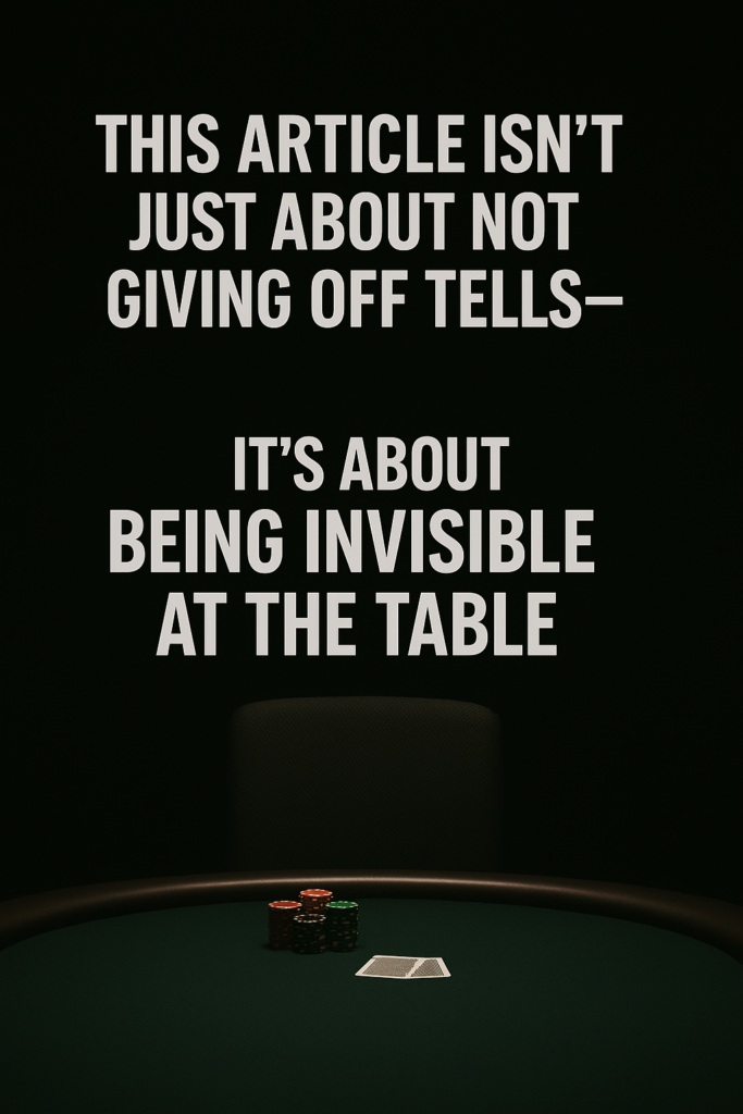A dark, atmospheric poker table is lit by a single overhead spotlight. At the center sits an empty black chair, perfectly aligned with a neatly stacked pile of poker chips and face-down cards, suggesting a player who is present but unseen. The background fades into shadows, evoking the idea of invisibility and total emotional control. Bold white text overlays the image: “This article isn’t just about not giving off tells—it’s about being invisible at the table.”