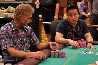 Image of two players, one is staring at the other , exhibiting the "Looking At You Poker Tell"