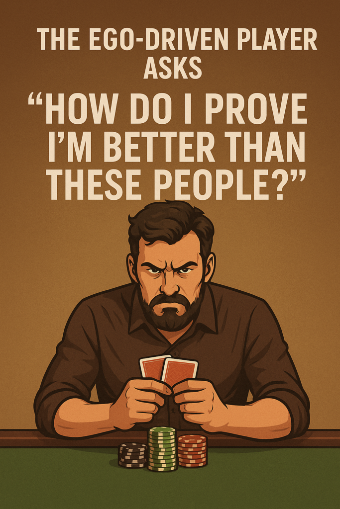 Intense poker player gripping two cards with a stack of chips in front, captioned with the quote 'The ego-driven player asks: How do I prove I’m better than these people?' to illustrate ego-based decision-making in poker