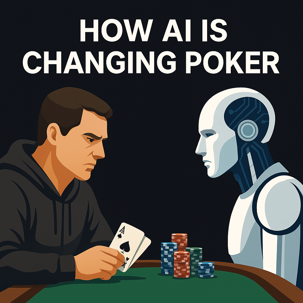 An image of a human poker player playing poker against an AI Assisted Robot.