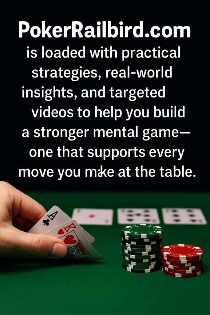 A promotional graphic for PokerRailbird.com features a green poker table with a hand holding an Ace of Clubs and King of Hearts. In front are stacks of red and green poker chips and community cards on the table. The text reads: "PokerRailbird.com is loaded with practical strategies, real-world insights, and targeted videos to help you build a stronger mental game — one that supports every move you make at the table." The background is dark with the text prominently displayed in white.