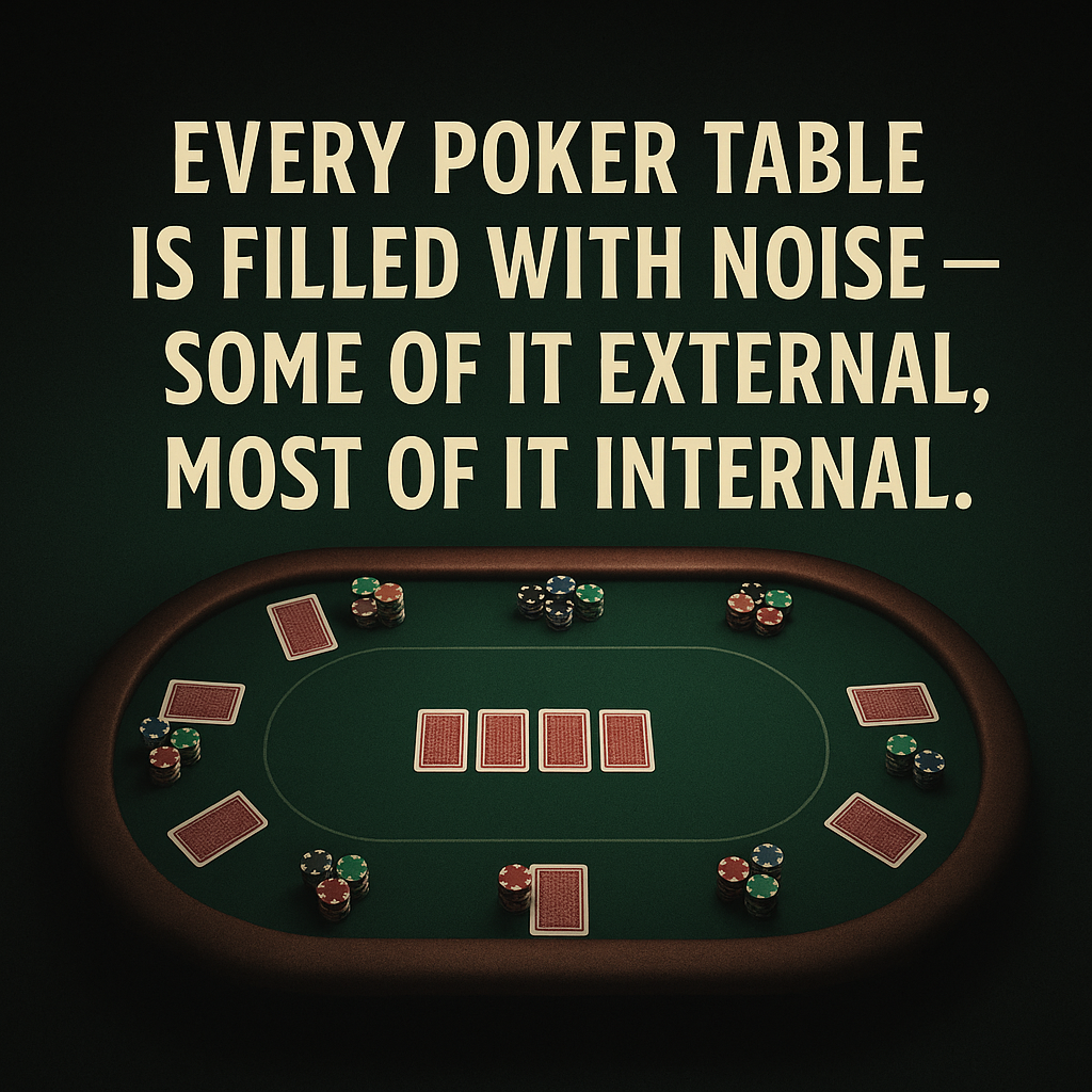 Illustrated graphic featuring a dimly lit poker table surrounded by players, overlaid with the quote: ‘Every poker table is filled with noise — some of it external, most of it internal.’ Visual elements include chips, cards, and a moody atmosphere reflecting mental focus and distraction.”