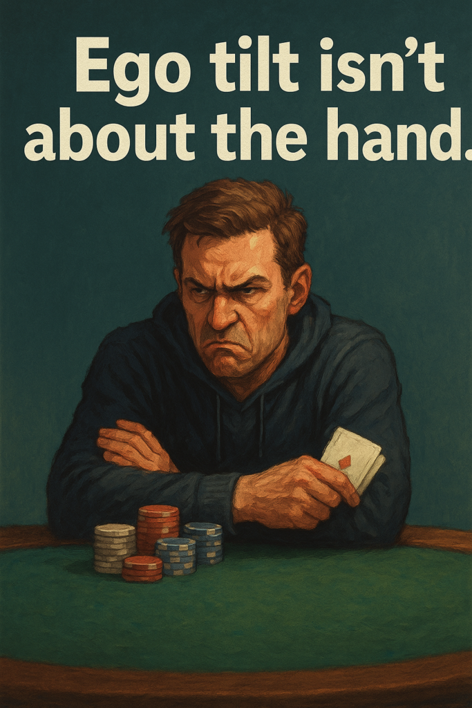 Frustrated poker player gripping an Ace of Diamonds at a green felt table, surrounded by chips, with bold text above reading 'Ego tilt isn’t about the hand,' illustrating emotional reaction and identity-based tilt in poker.