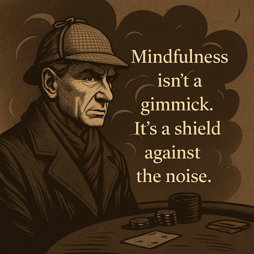 Digital illustration featuring a focused poker player with a visual shield surrounding them, overlaid with the quote: ‘Mindfulness isn't a gimmick, it’s a shield against the noise.’ The background includes subtle poker elements and abstract noise patterns, symbolizing distraction and mental clarity
