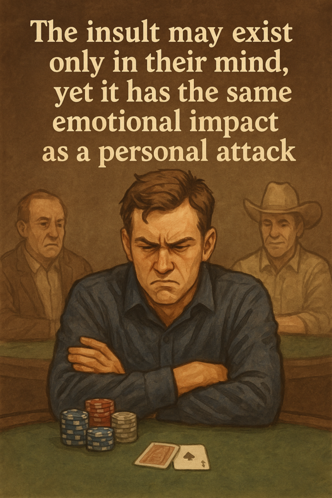 Frustrated poker player sitting at a green felt table with arms crossed and a tense expression, while calm players look on in the background; bold text reads 'The insult may exist only in their mind, yet it has the same emotional impact as a personal attack,' illustrating ego sensitivity and perceived disrespect in live poker.