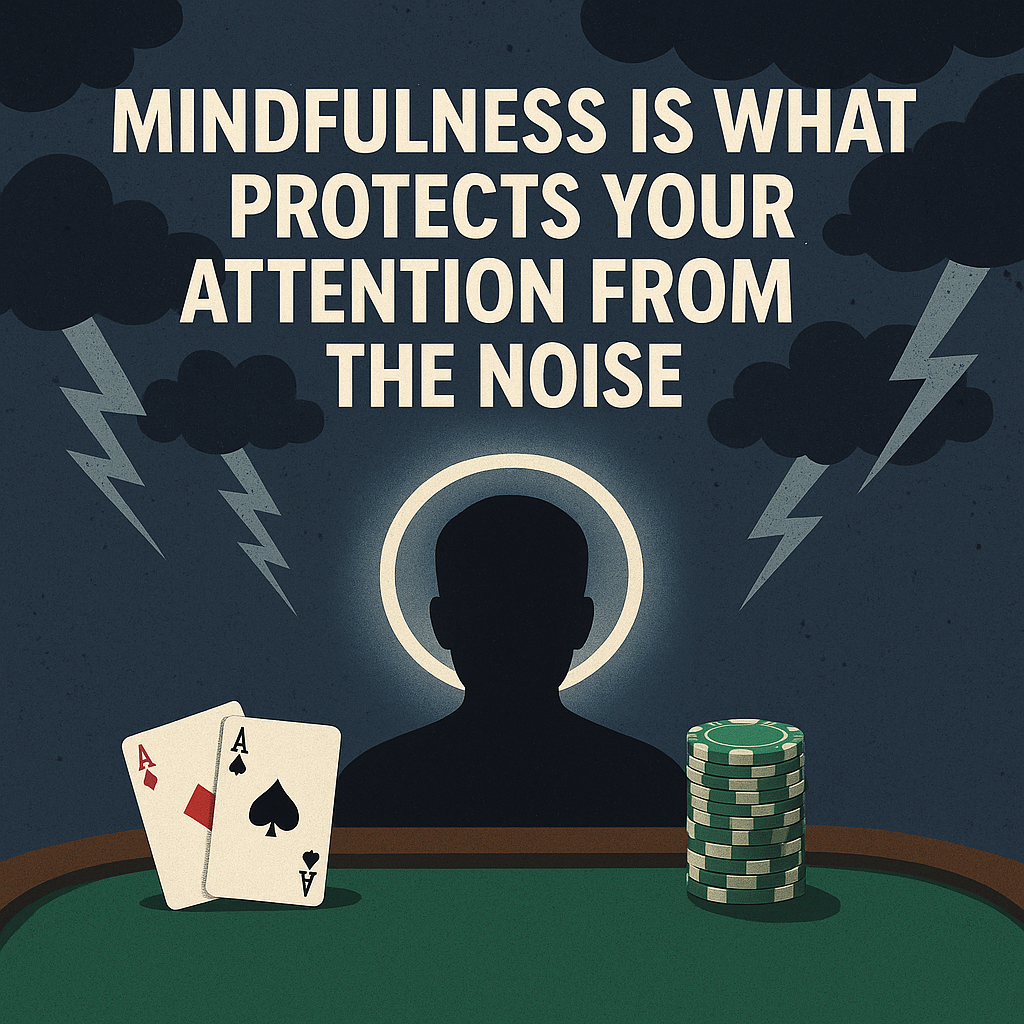 Digital illustration depicting the concept of mindfulness at the poker table. A focused poker player is surrounded by swirling abstract noise and distractions, with a subtle visual shield around their head, symbolizing the quote: ‘Mindfulness is what protects your attention from the noise.’ Poker chips and cards are visible on the table, reinforcing the competitive setting.”