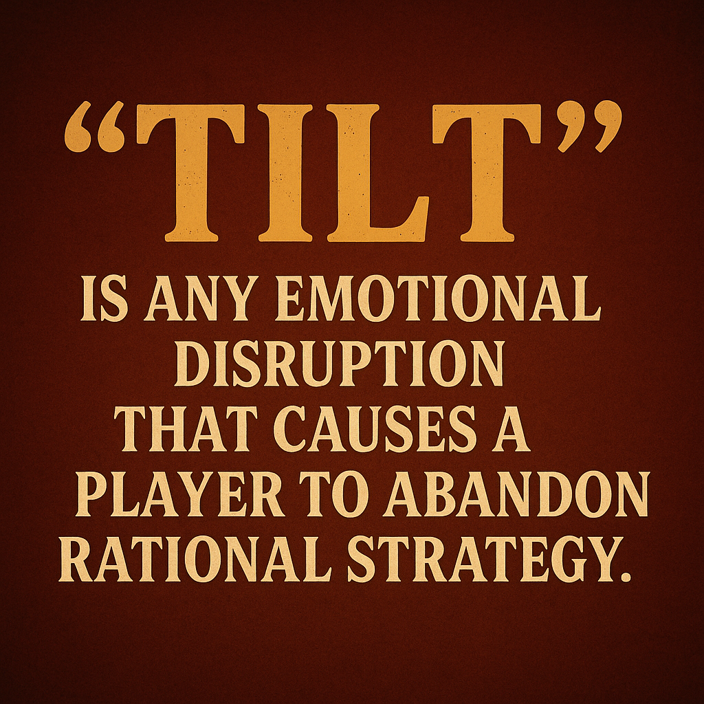 Digital graphic with the word “TILT” in bold uppercase text, followed by the definition “any emotional disruption that causes a player to abandon rational strategy,” set against a textured reddish-brown background—designed to visually represent the concept of tilt in poker psychology. 3/3