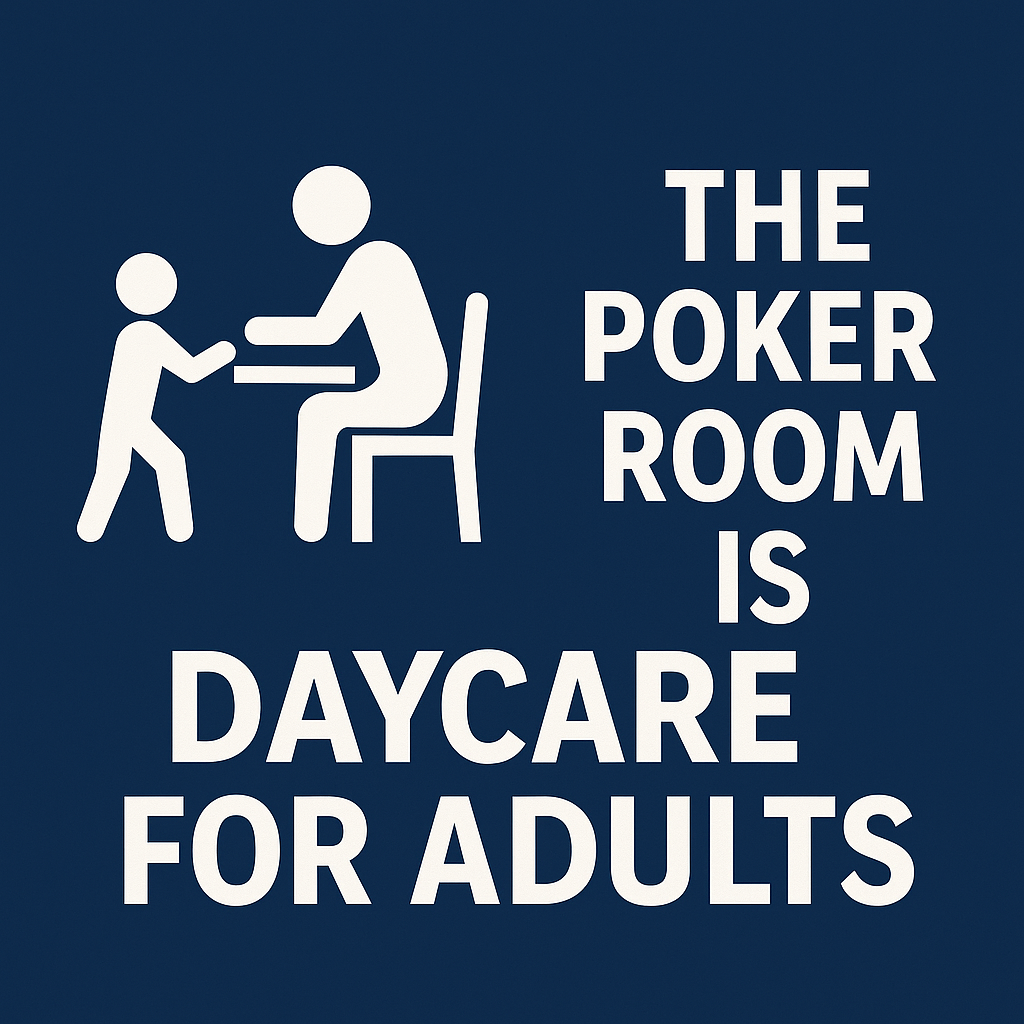 "Minimalist graphic sign with white pictogram of an adult and child at a poker table, alongside bold text reading 'The Poker Room Is Daycare for Adults,' symbolizing ego-driven behavior and emotional immaturity in live poker environments.