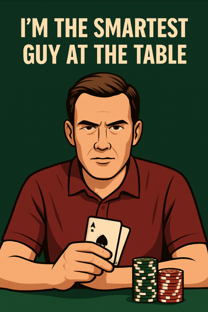 Confident poker player in a burgundy shirt holding two playing cards, seated at a green felt table with stacks of chips, under bold text reading 'I'm the smartest guy at the table,' representing ego and overconfidence in poker.