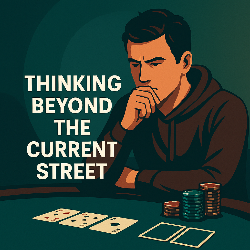 Digital illustration of a focused poker player analyzing the table with a distant, strategic gaze. The quote overlay reads: ‘Thinking Beyond the Current Street.’ The visual emphasizes deep calculation, future planning, and advanced decision-making at the poker table.”