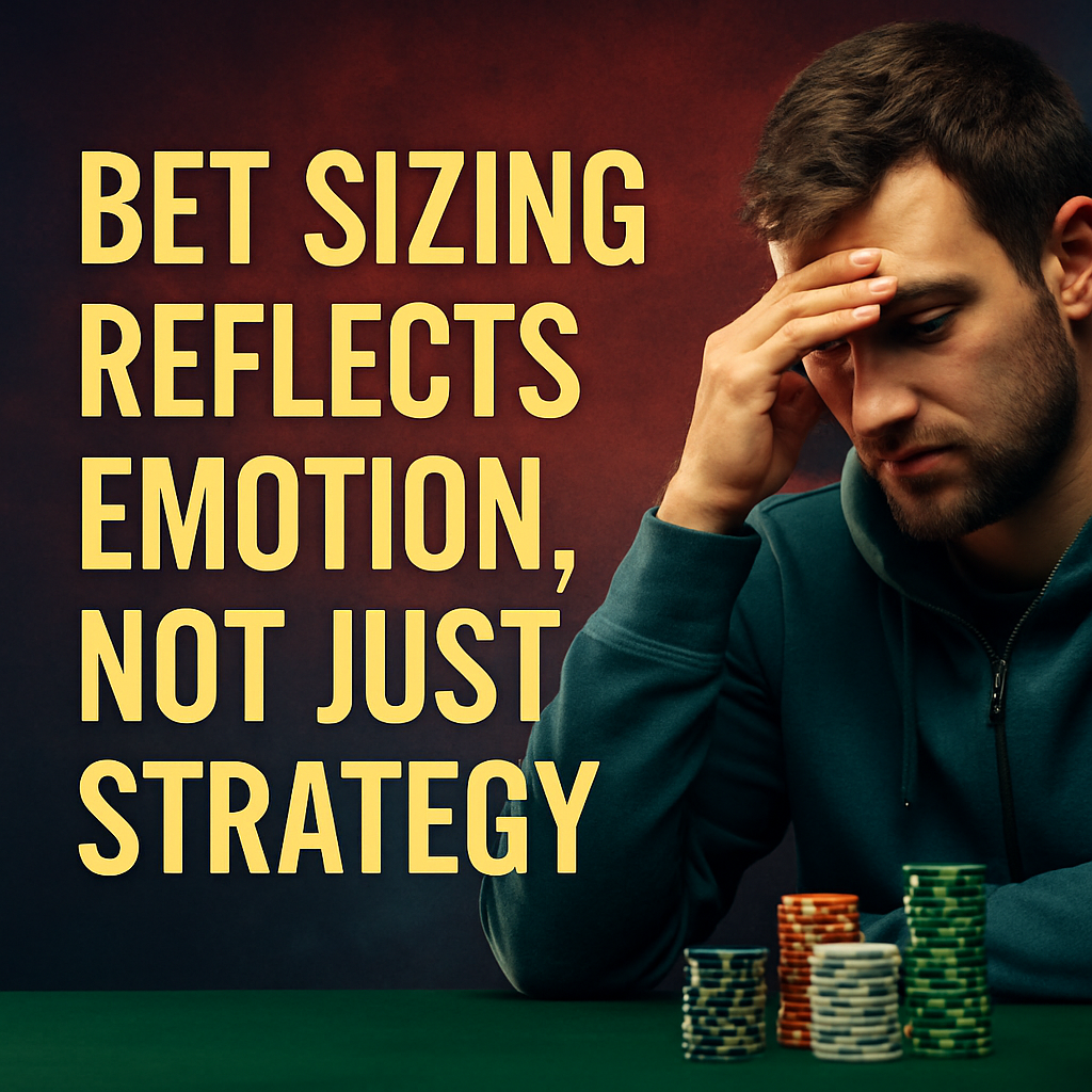 Digital image featuring the phrase “Bet Sizing Reflects Emotion, Not Just Strategy” in bold yellow text, with a focused poker player in the background and vibrant color accents—designed to highlight the psychological aspect of betting behavior in poker.