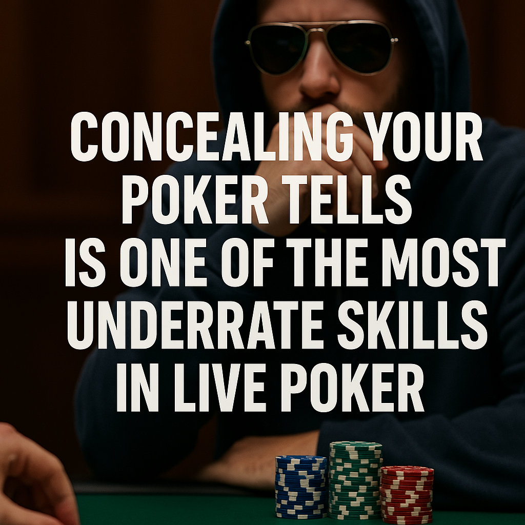 A dramatic poker scene showing a serious player wearing sunglasses and a hoodie, partially covering his face with one hand to hide any tells. The table is lit with focused lighting, showing stacks of colorful poker chips and face-up cards (Ace of diamonds and 9 of clubs). Bold white text overlays the image: "CONCEALING YOUR POKER TELLS IS ONE OF THE MOST UNDERRATED SKILLS IN LIVE POKER." The background is slightly blurred to emphasize the tension and strategy at the table.