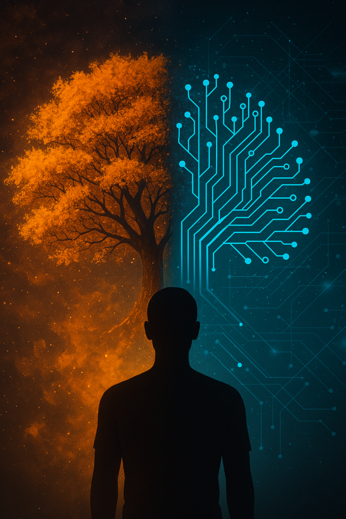 A digital illustration showing a silhouetted human figure standing at the intersection of nature and technology. One side of the background features lush, organic landscapes, while the other displays glowing circuits and abstract digital elements. The fusion of both sides symbolizes the resolution of human values and technological needs through the breakdown of dualistic thinking.