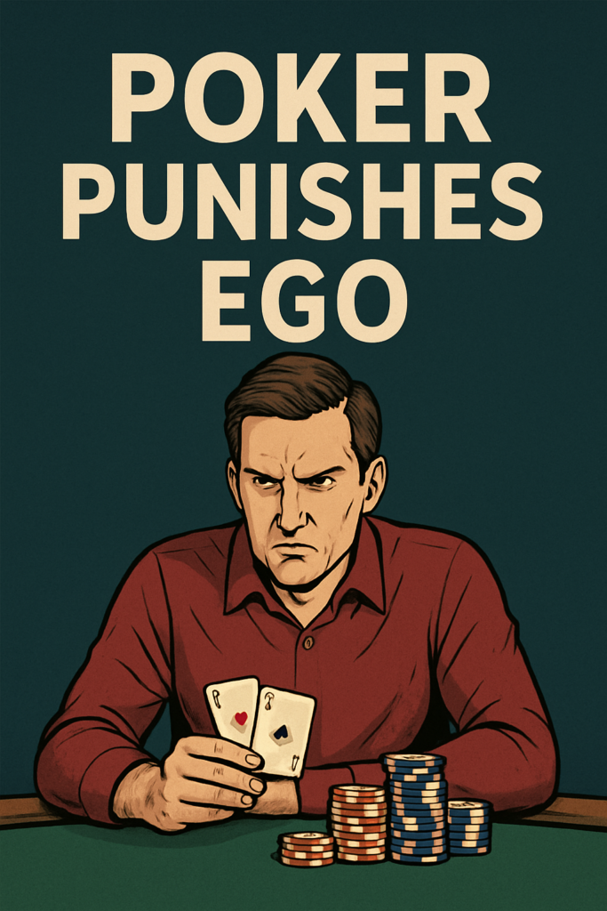 "Serious poker player in a burgundy shirt holding two cards, seated at a green felt table with stacks of chips, under bold text reading 'Poker Punishes Ego,' symbolizing the consequences of ego-driven play in competitive poker."