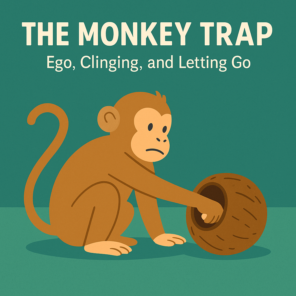 Flat-style digital illustration of a monkey reaching into a coconut trap, symbolizing the concept of ego, clinging, and the inability to let go. Designed to visually represent the metaphor known as ‘The Monkey Trap’ in discussions of poker mindset and strategic thinking.”