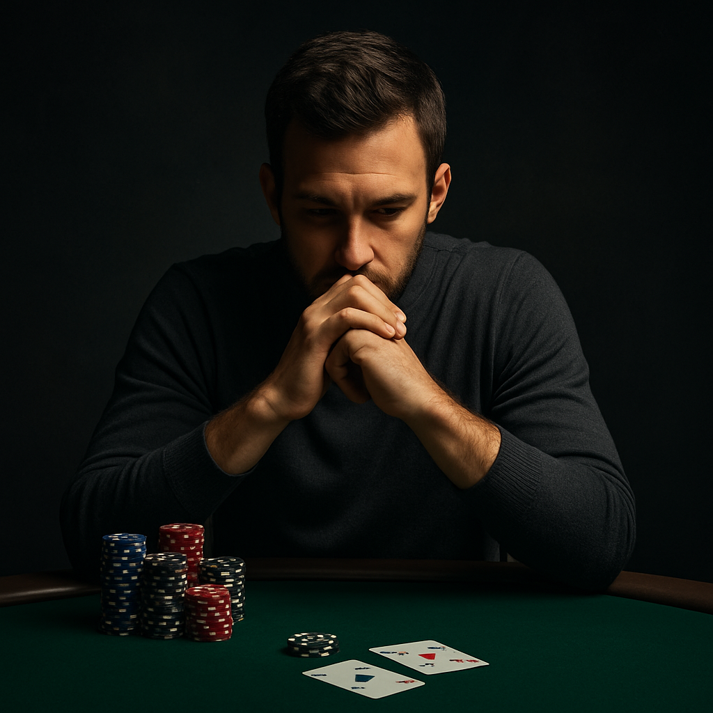 Poker player concentrating at the table with chips and cards, representing poker strategy, learning tools, and decision-making in Texas Hold’em.