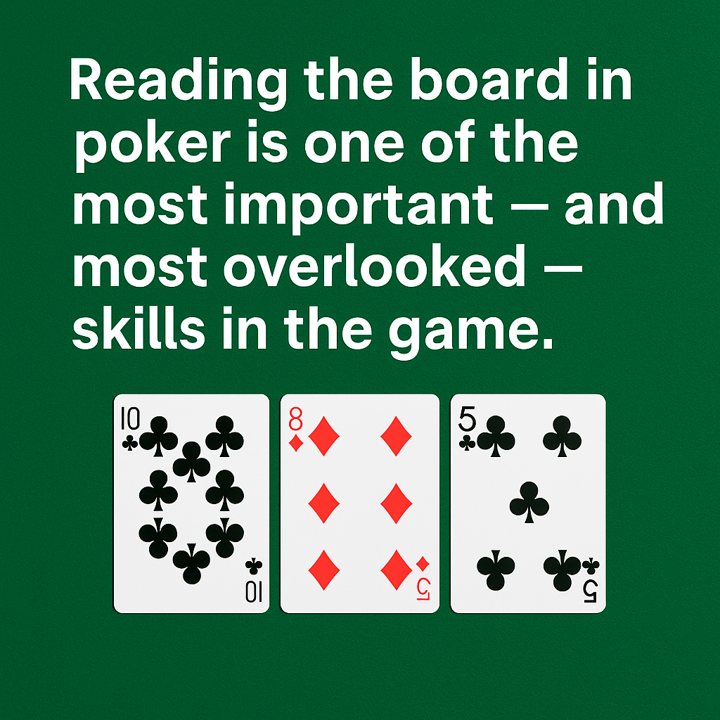 "Poker table graphic with three flop cards and the headline 'Reading the Board in Poker is One of the Most Important — and Most Overlooked — Skills in the Game' highlighting the importance of board texture in Texas Hold'em strategy."