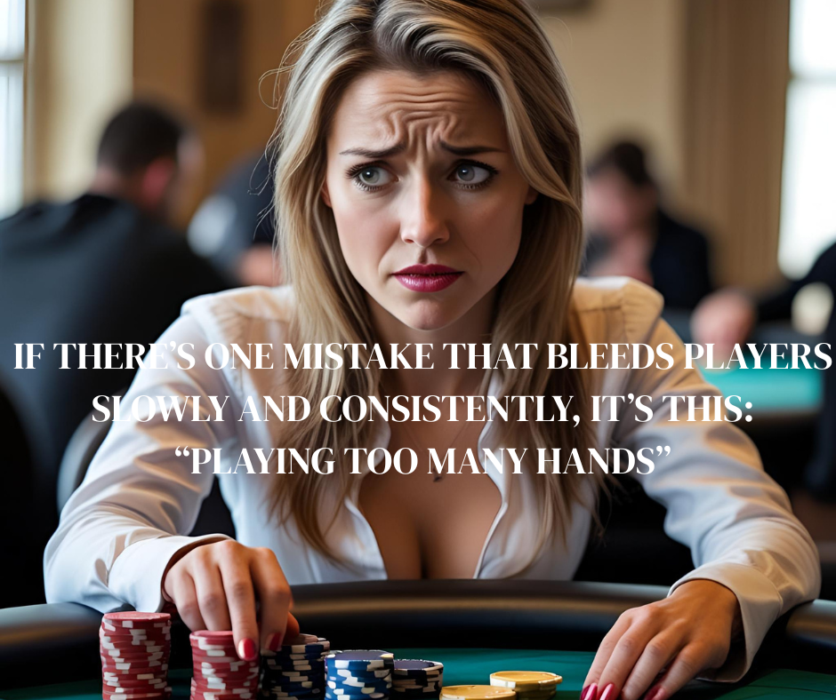 Image of a poker player, with a worried look on her face, as she is losing chips due to no self control.