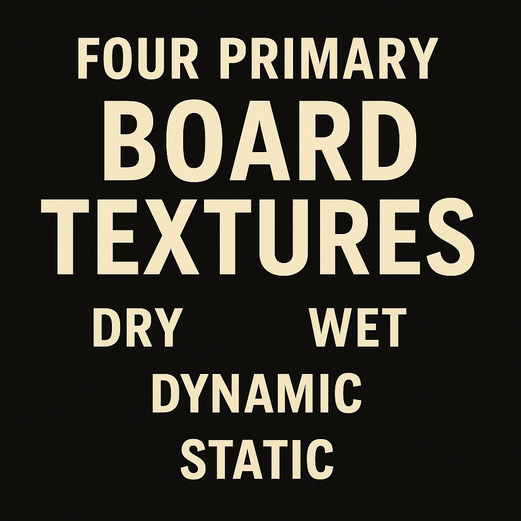 "Infographic displaying the four primary board textures in poker—Dry, Wet, Dynamic, and Static—on a black background with bold white and red typography for strategic clarity."