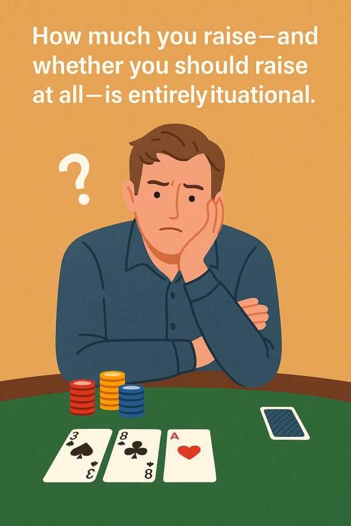 A flat-style digital illustration shows a thoughtful poker player at a table, hovering over a raise decision with visible question marks and situational factors surrounding them. Text overlay reads: “How much you raise — and whether you should raise at all — is entirely situational.”