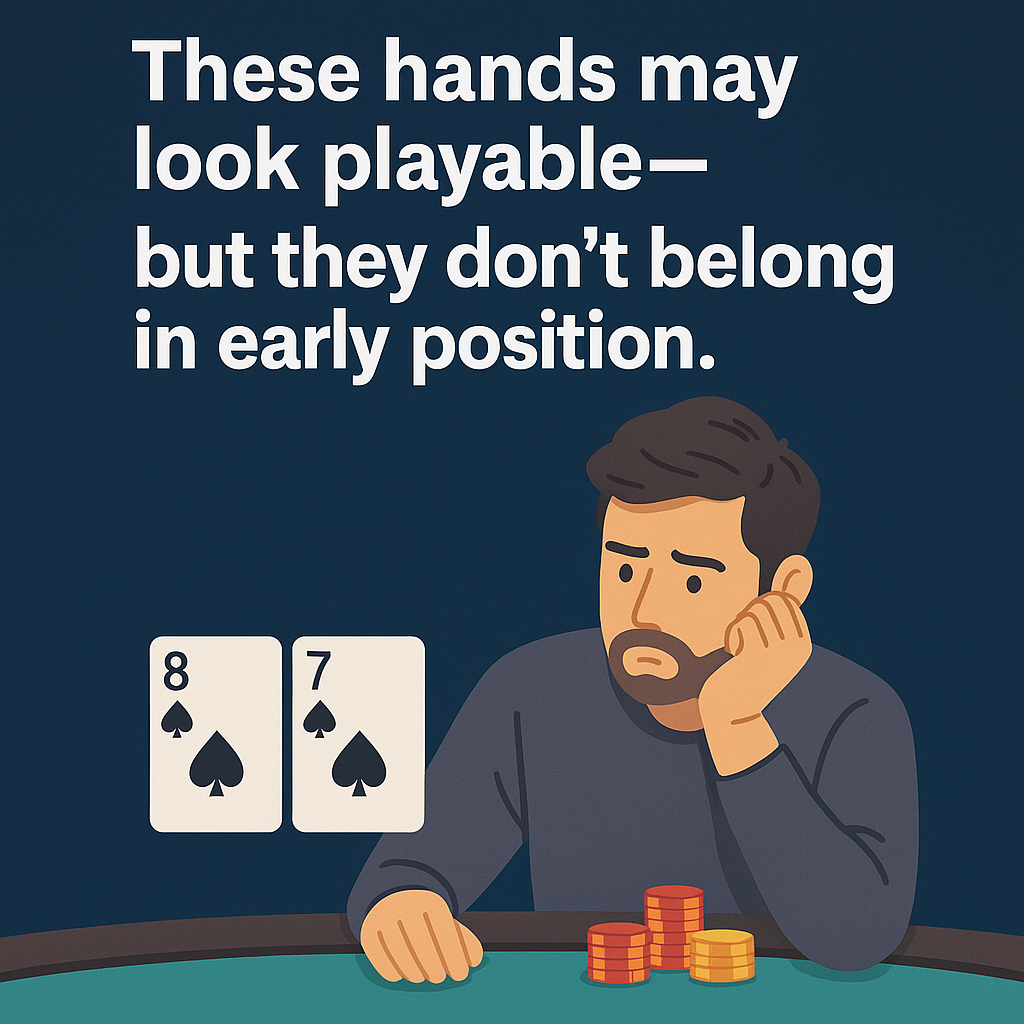 A digital illustration of a poker player seated at a table, holding the 7 of spades and 8 of spades in early position, emphasizing the risk of playing suited connectors from an unfavorable seat. The image visually reinforces the strategic warning: “These hands may look playable—but they don’t belong in early position.”