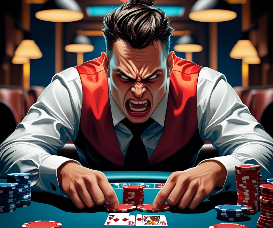 An image of a poker player that is out of control and has a look of rage on this face.
