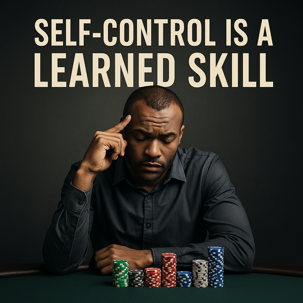 Square-format digital image of a focused poker player studying a strategy chart at the table, symbolizing that self-control is a learned skill developed through discipline and mental training."