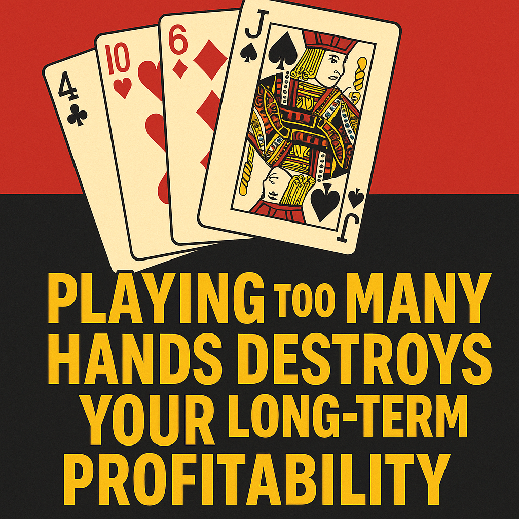 Digital graphic of a frustrated poker player surrounded by a chaotic blur of low-value poker hands, symbolizing the negative impact of playing too many hands on long-term profitability."