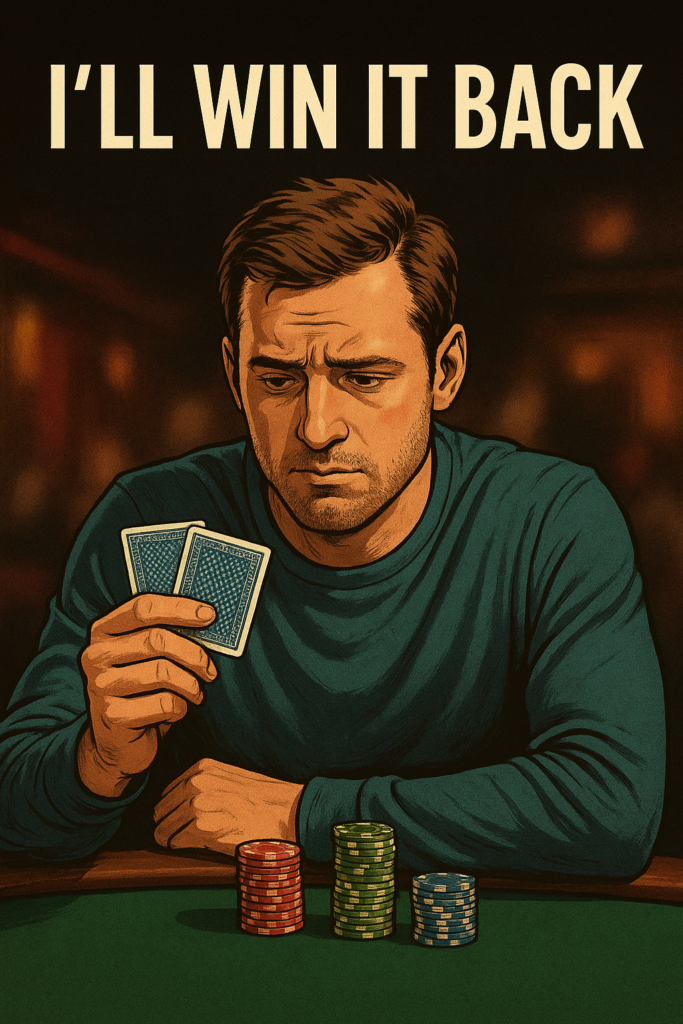 "Digital illustration of a frustrated poker player staring at a shrinking chip stack with determination, reflecting the mindset of chasing losses and thinking, 'I’ll win it back.'"
