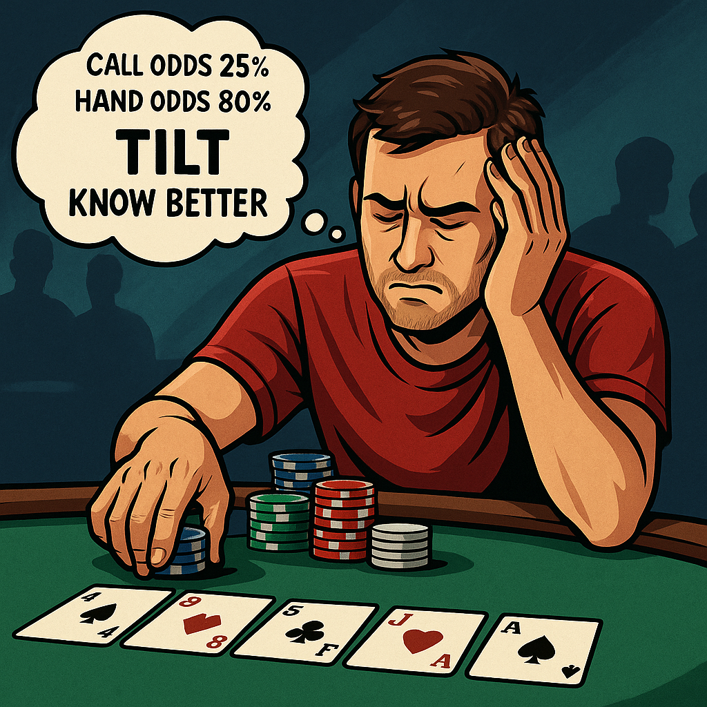 Digital illustration of a poker player visibly angry and tilting, knocking over chips in frustration despite having a strategy chart nearby, symbolizing that poor self-control overrides knowledge during emotional moments.