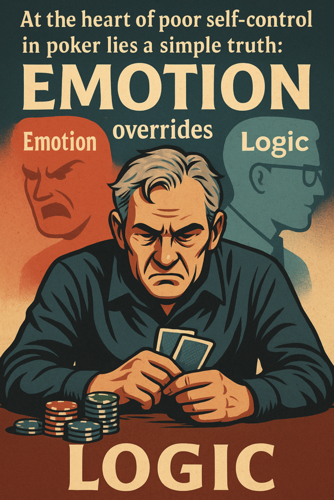 Digital illustration of an older poker player visibly torn between emotion and logic, with a stormy red background behind his head and mathematical formulas fading into the distance, symbolizing how emotion overrides logic in moments of poor self-control.