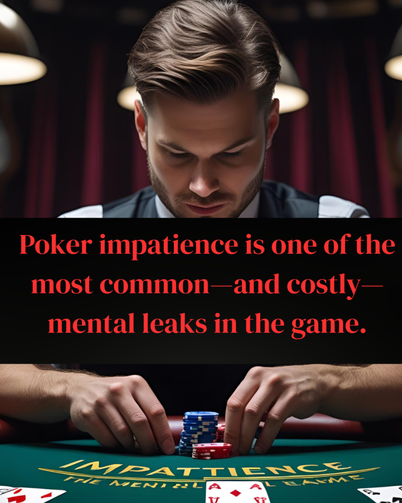 Image of a poker an impatient poker player about to push all of his vhips into the pot.