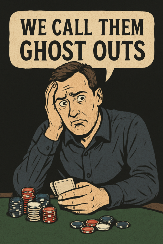 Confused poker player holding cards at a table with poker chips, looking frustrated, with speech bubble that reads "We Call Them Ghost Outs" — illustrating the concept of ghost outs in poker.